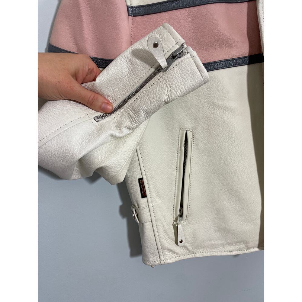 Hot Leathers Women’s Large white leather moto jacket pockets zippers pink strip - Picture 4 of 8